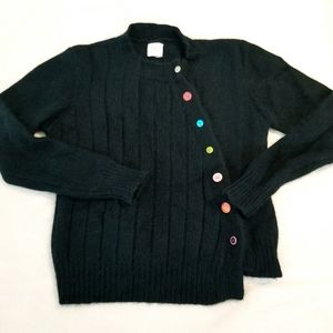 Garnet Hill Asymmetrical Cardigan Sweater Black Lambswool & Angora Womens Small